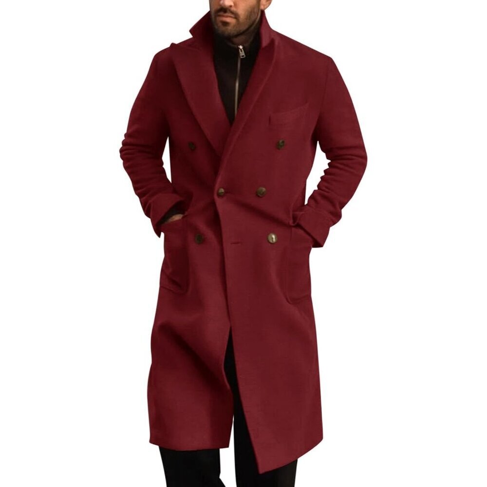 Men's Burgundy Wool Blend Casual Trench Coat Notched Collar Lapel Breasted Coat